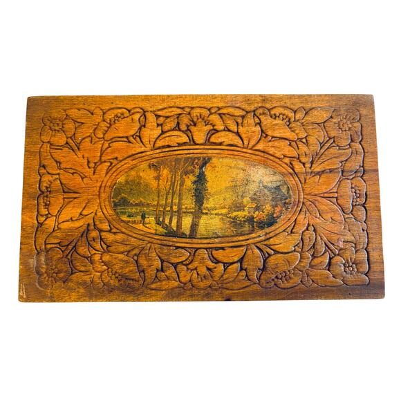VTG Floral CARVED WOOD DOVE TAIL HINGED TRINKET JEWELRY BOX Pastoral Scene - Picture 10 of 10